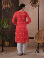 Thumbnail for ADA Women Red & White Chikankari Hand Embroidered Semi-Sheer Straight Sustainable Handloom Kurta - Distacart