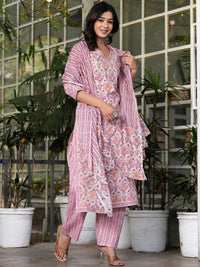 Thumbnail for Ethnic Motifs Printed Pure Cotton Straight Kurta with Palazzos & With Dupatta (Pink) - Rasiya