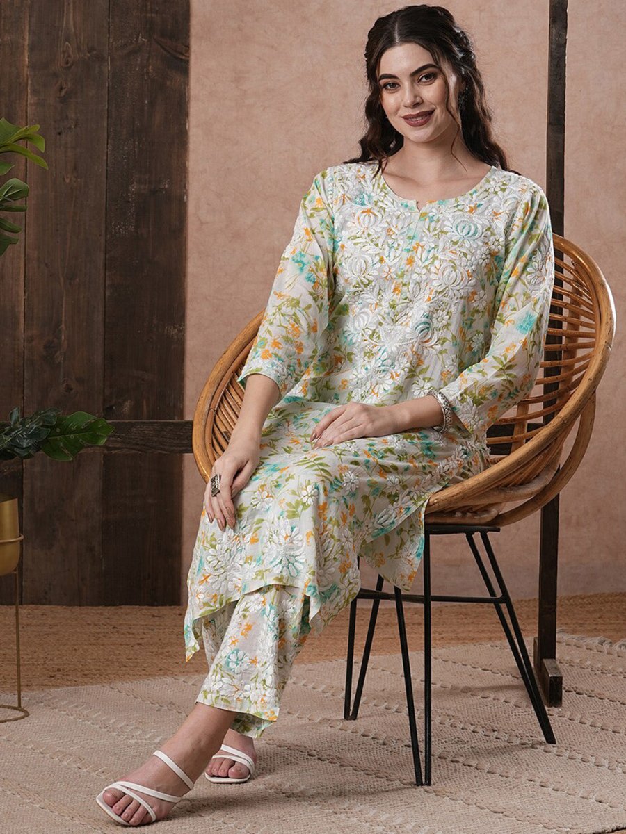 ADA Floral Printed Round Neck Regular Lucknowi Chikankari Kurta with Trousers - Distacart