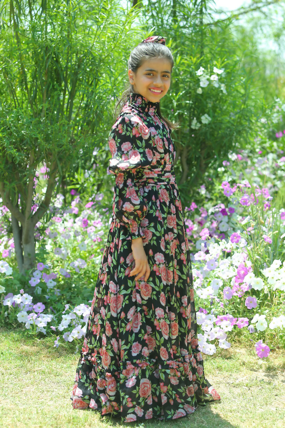 runway_rose_long_shirred_dress_side