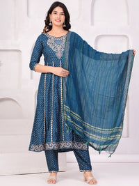 Thumbnail for Women Ethnic Motifs Printed Panelled Thread Work Kurta With Trousers & Dupatta (Blue) - Rasiya