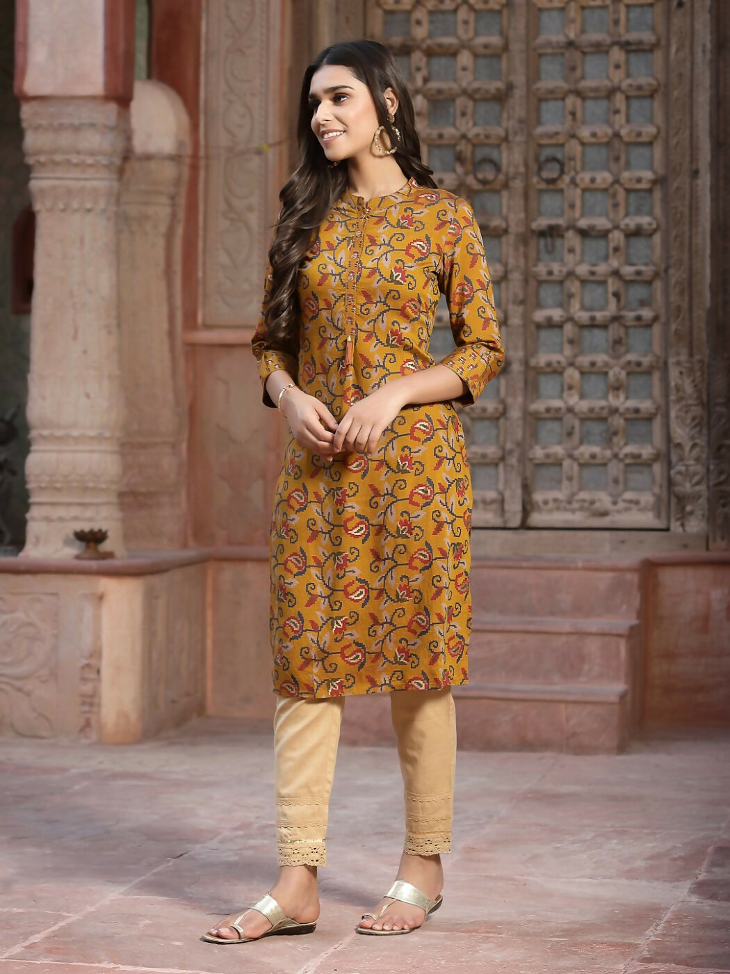 Juniper Mustard Floral Printed Muslin Kurta With Tassels & A Pleat At Front - Distacart