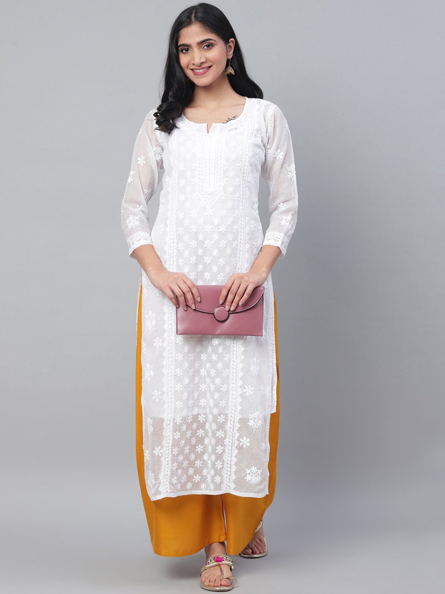 ADA Women White Chikankari Hand Embroidered Semi-Sheer Straight Kota Handloom Kurta - Distacart