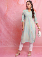 Thumbnail for Vishudh Blue Striped V-Neck Three-Quarter Sleeves Empire Kurta - Distacart