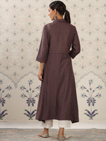 Thumbnail for Ode by House of Pataudi Brown & White Striped Shirt Collar Pure Cotton Kurta With Trousers - Distacart