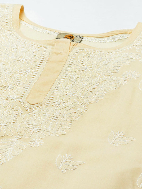 ADA Women Cream-Coloured & White Ethnic Motifs Embroidered Chikankari Cotton Kurta - Distacart