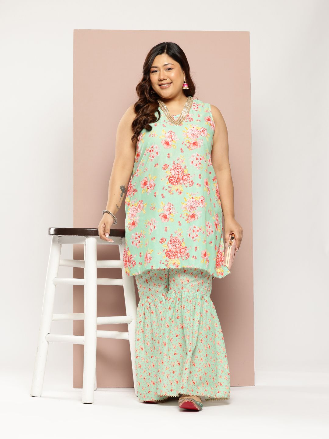 Sztori Plus Size Floral Printed Gotta Patti Pure Cotton Kurta with Sharara - Distacart