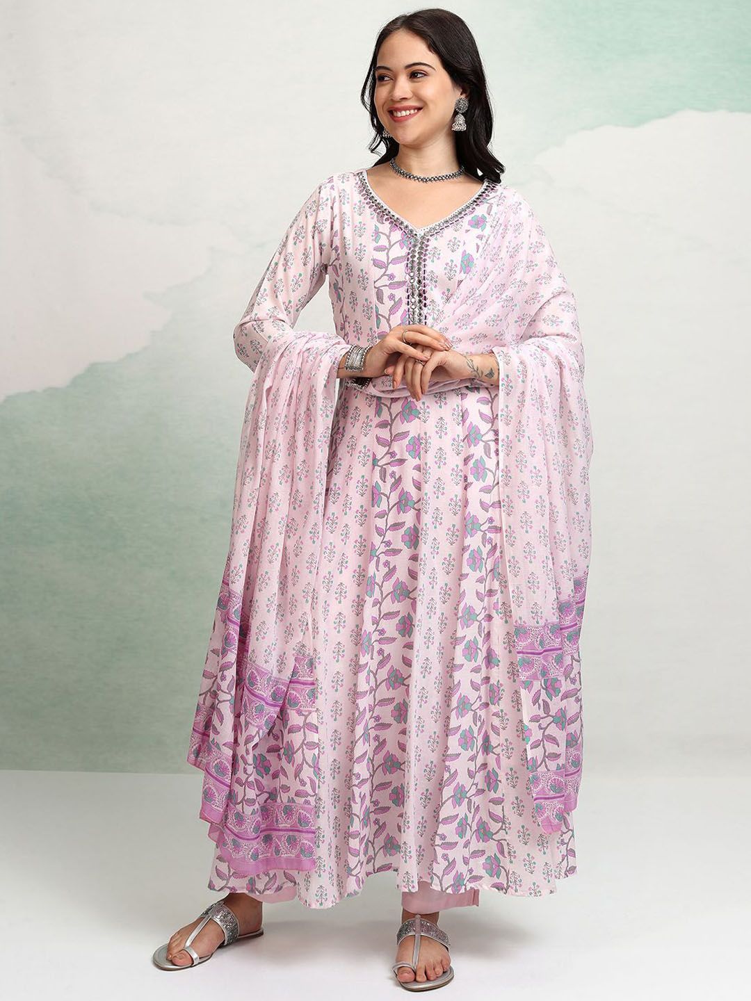 Vishudh Floral Printed Mirror Work Pure Cotton Anarkali Kurta With Trousers & Dupatta