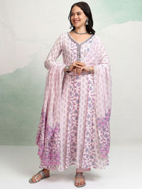 Thumbnail for Vishudh Floral Printed Mirror Work Pure Cotton Anarkali Kurta With Trousers & Dupatta