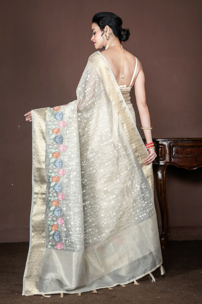 Morchari Beige Banarasi Tissue Computer Embroidery Saree Unstitched Blouse