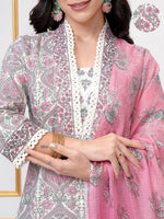 Thumbnail for Vishudh Floral Printed V-Neck Pure Cotton Straight Kurta With Trouser With Dupatta - Distacart