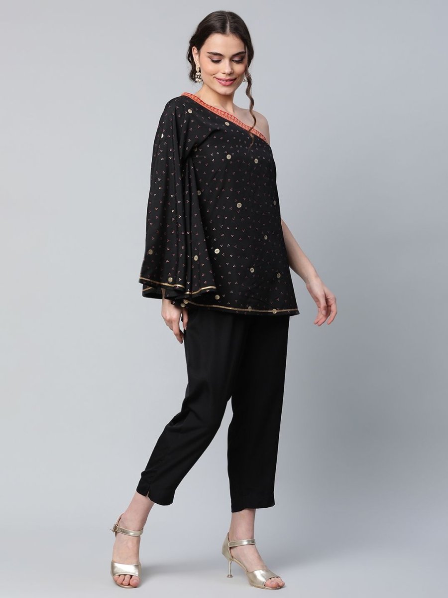 Ahalyaa Women Black Crepe Printed Top with Trouser Set - Distacart