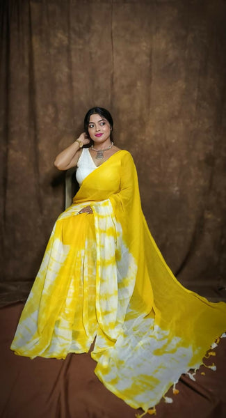 Exclusive Collection Yellow White Beautiful Super Soft Most Comfortable Pure Mul Cotton Saree