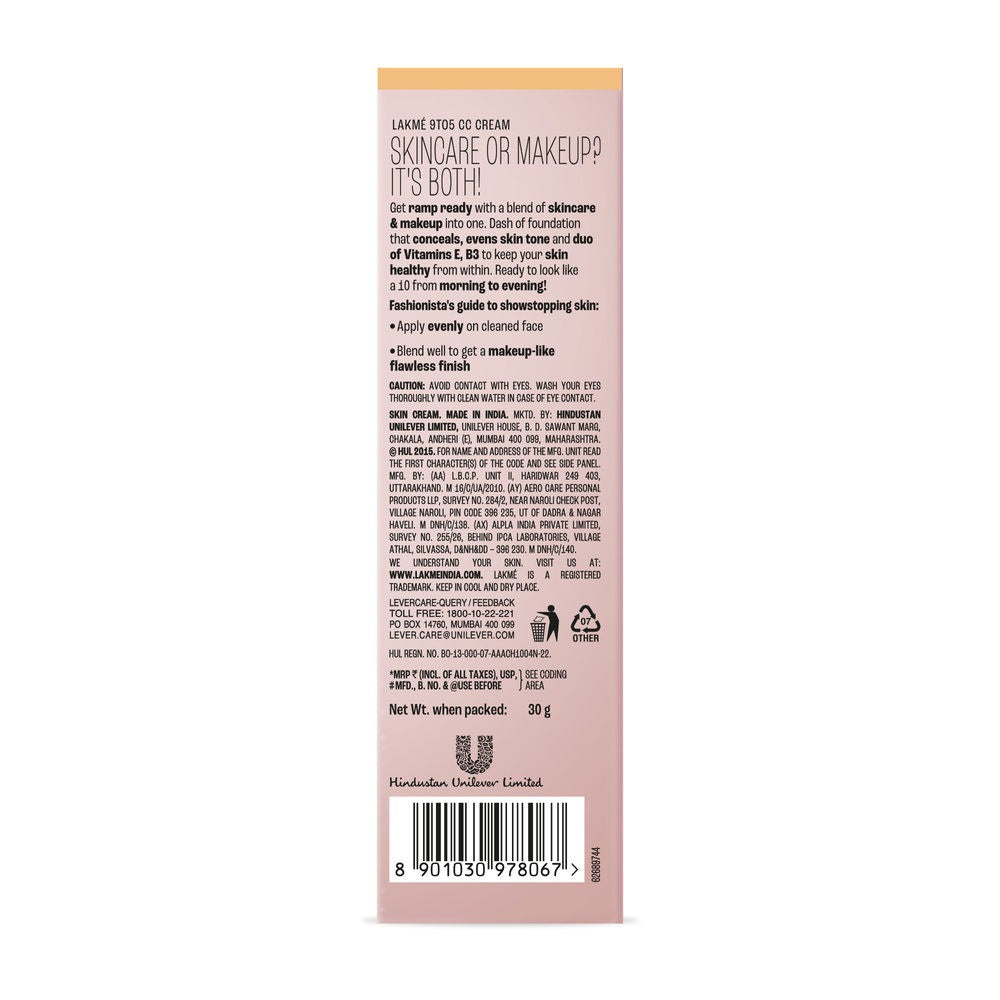 Lakme 9 To 5 Complexion Care Cc Face Cream SPF 30-Honey - Distacart