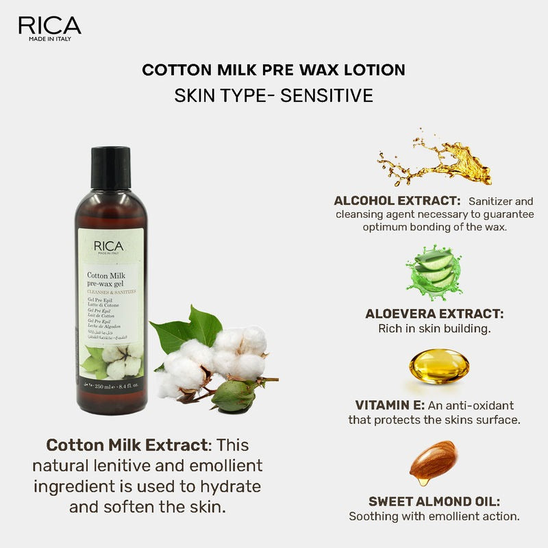 Rica Cotton Milk Pre-Wax Gel Cleansing Waxing Hair Cleaning with Naural Extracts for Hydration & Softening Skin - Distacart
