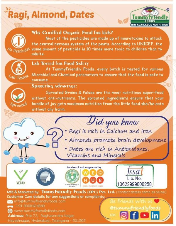 TummyFriendly Foods Organic Sprouted Ragi, Almonds, Dates Porridge Mix - Distacart