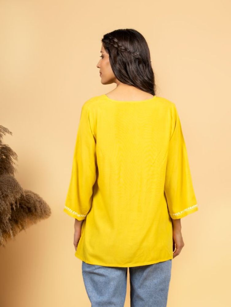 Gharana India Luxury Rayon Yellow Chikankari Top