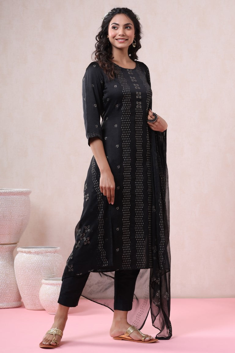 Juniper Women's Black Pure Silk Embellished Kurta Set