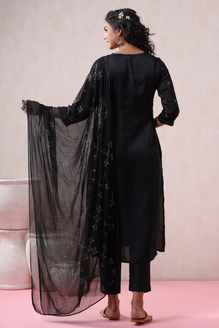 Juniper Women's Black Pure Silk Embellished Kurta Set