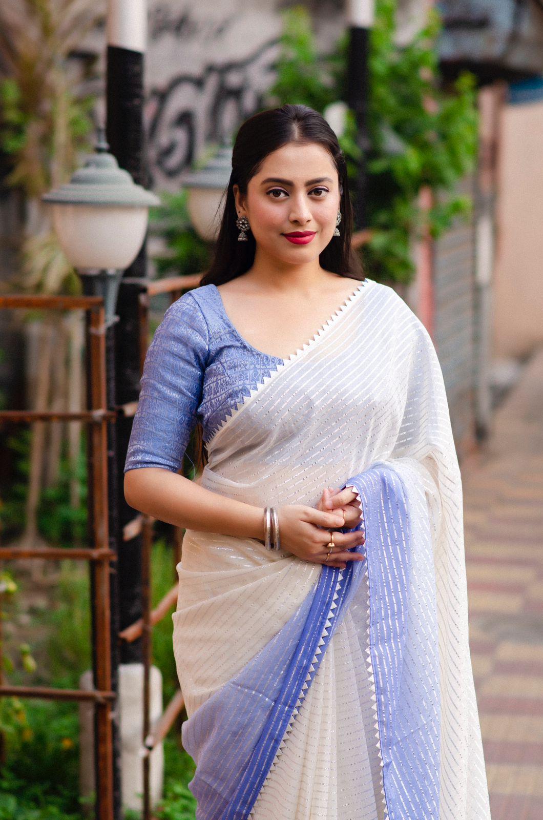 Lavender Poly Chiffon Striped Saree with Unstitched Blouse - A2M