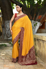 Thumbnail for Joban Fashion Yellow Crepe Chiffon Pure Handloom Banarasi Silk Saree