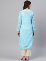 Thumbnail for ADA Women Blue & White Chikankari Embroidered Straight Sustainable Handloom Kurta with Inner - Distacart