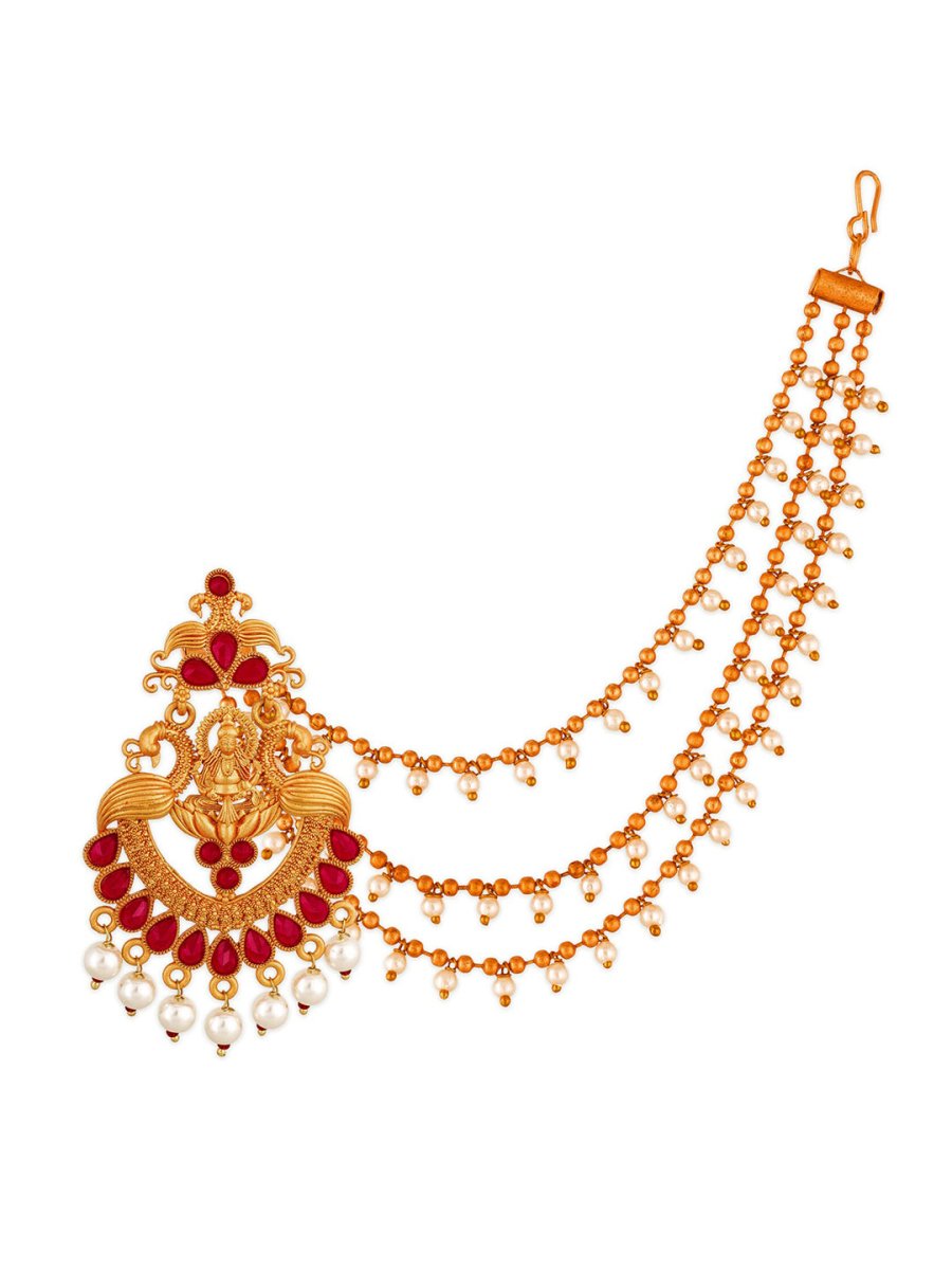 Aadita Red Gold-Toned & White Pearls Studded Contemporary Drop Earrings With Hair Chain - Distacart