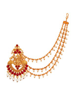 Thumbnail for Aadita Red Gold-Toned & White Pearls Studded Contemporary Drop Earrings With Hair Chain - Distacart