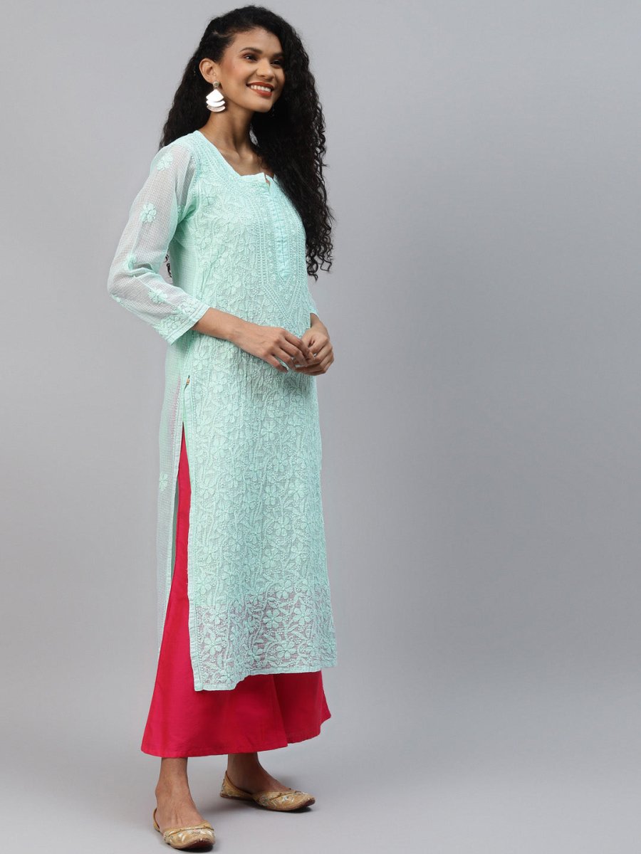 ADA Women Sea Green Chikankari Hand Embroidered Straight Kota Handloom Kurta With Matching Slip - Distacart