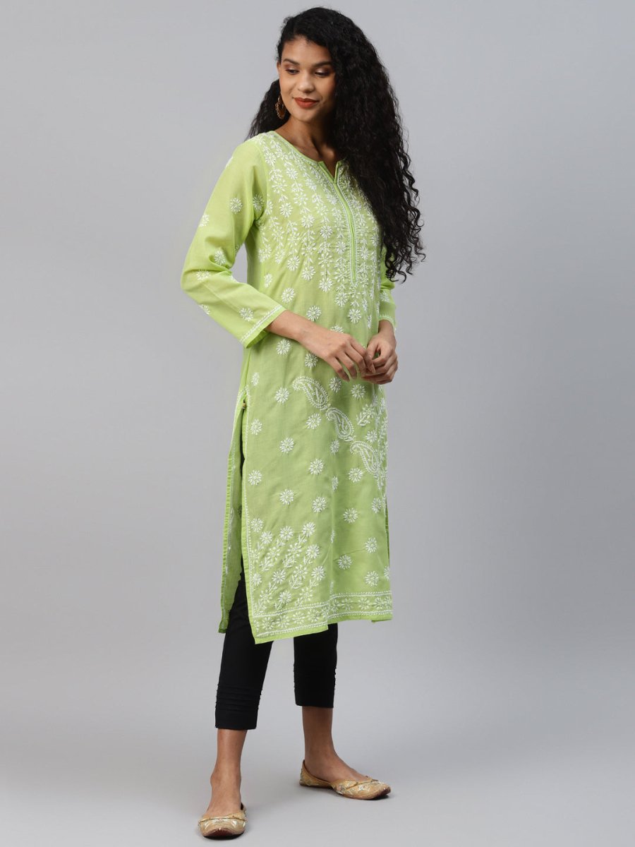 ADA Women Green & White Ethnic Motifs Chikankari Hand Embroidered Sustainable Kurta - Distacart