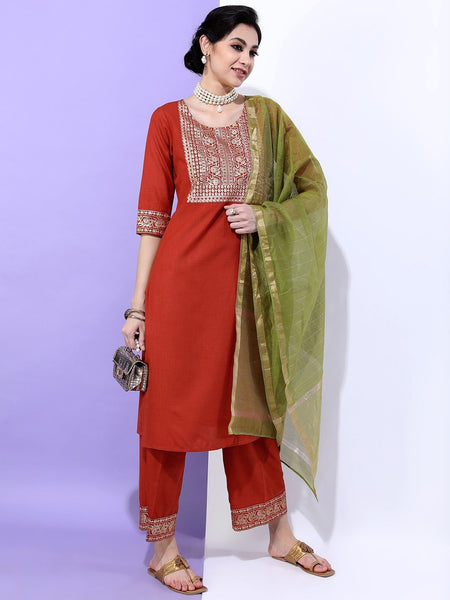 Vishudh Women Rust & Green Yoke Design Straight Kurta with Trousers & With Dupatta - Distacart