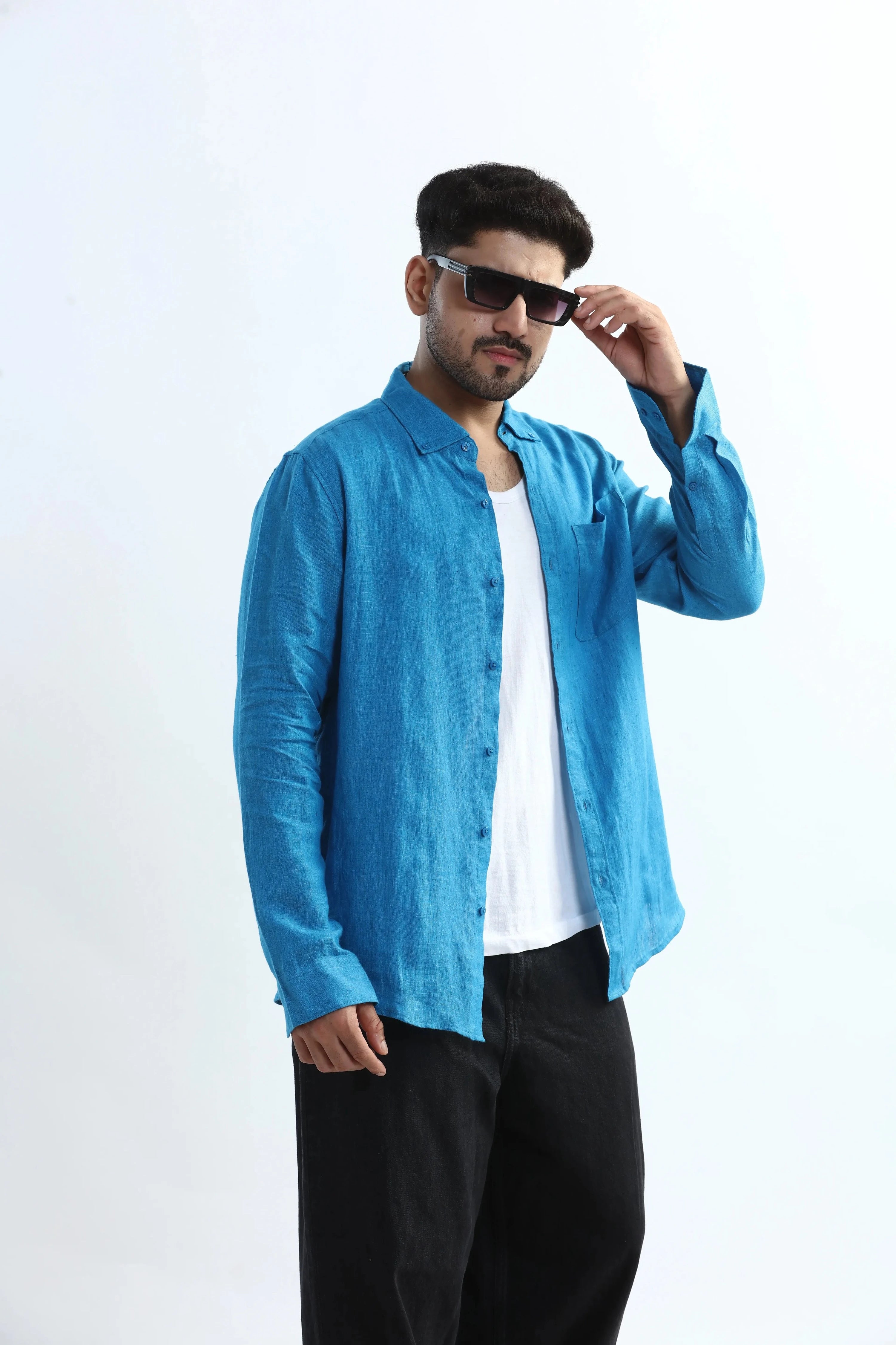 Xkind Blue 100% Pure Linen Button Down Casual Shirt