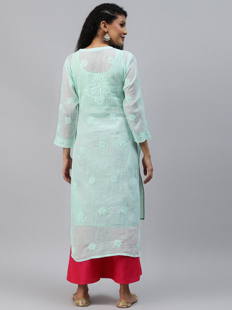 ADA Women Sea Green Chikankari Hand Embroidered Straight Kota Handloom Kurta With Matching Slip - Distacart