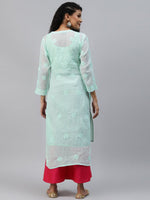 Thumbnail for ADA Women Sea Green Chikankari Hand Embroidered Straight Kota Handloom Kurta With Matching Slip - Distacart