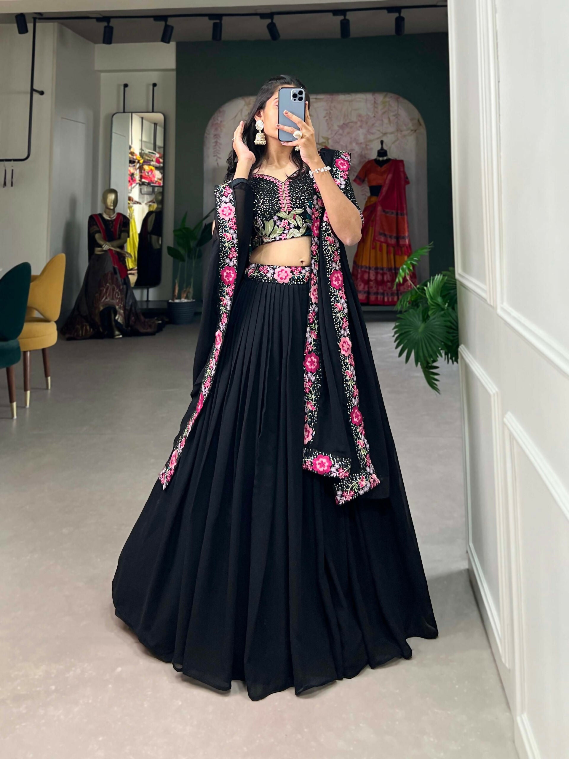 Vastranavya Party Wear Sequins And Delicate Embroidery Work Belt Lehenga Choli - Black - Distacart