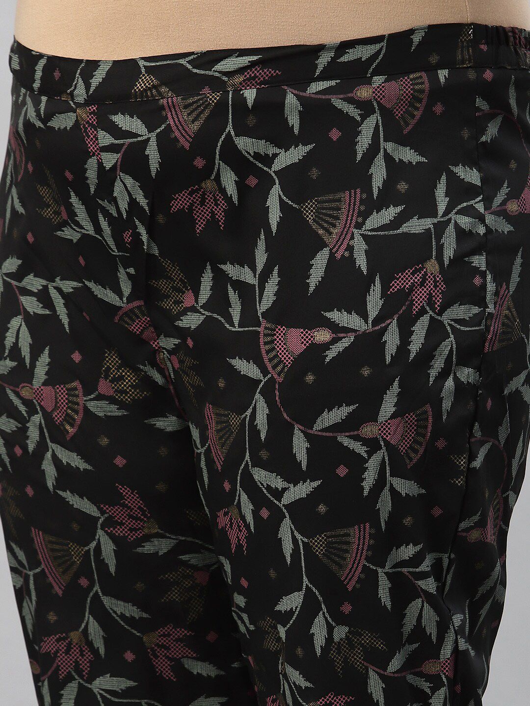 Sztori Plus Size Floral Printed Mandarin Collar Foil Printed A-Line Kurta With Trouser - Distacart