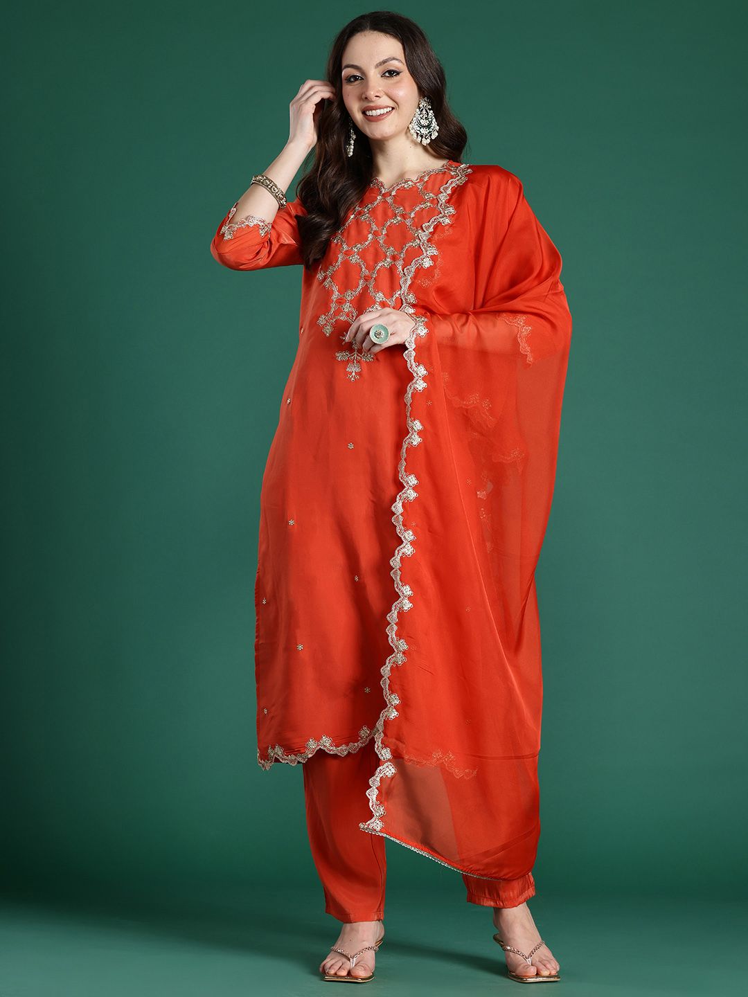 Indo Era Floral Embroidered Kurta with Trousers & With Dupatta