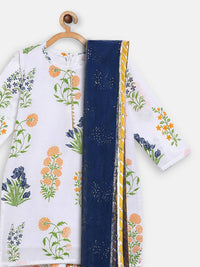 Thumbnail for Ahalyaa White Cotton Straight Floral Printed Kids Kurta Pant Sets With Dupatta For Girls - Distacart