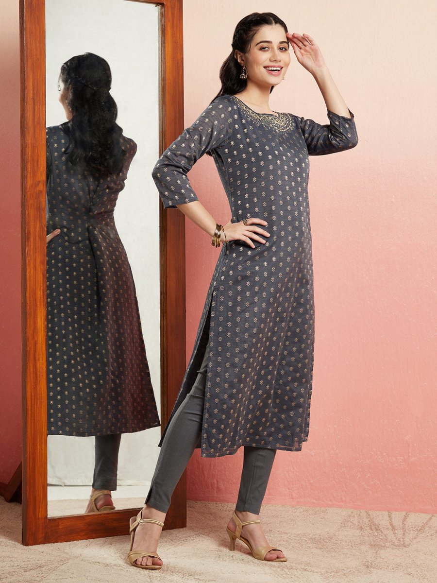 Aks Ethnic Motifs Woven Design Mirror Work Chanderi Silk Kurta - Distacart