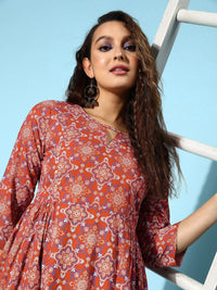 Thumbnail for All About You Brick Red Printed Dipped Hem Veere Di Wedding A-Line Kurta with Palazzos - Distacart