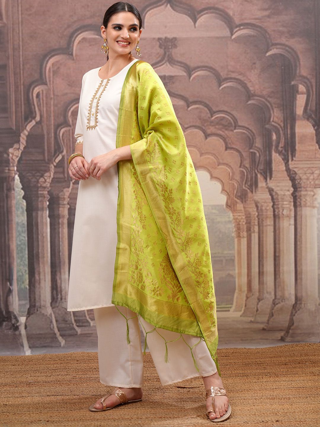 Vishudh Cream Embroidered Straight Kurta with Palazzo & Dupatta