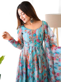 Thumbnail for Kalini Floral Printed Gotta Patti Anarkali Kurta With Trousers & Dupatta - Distacart