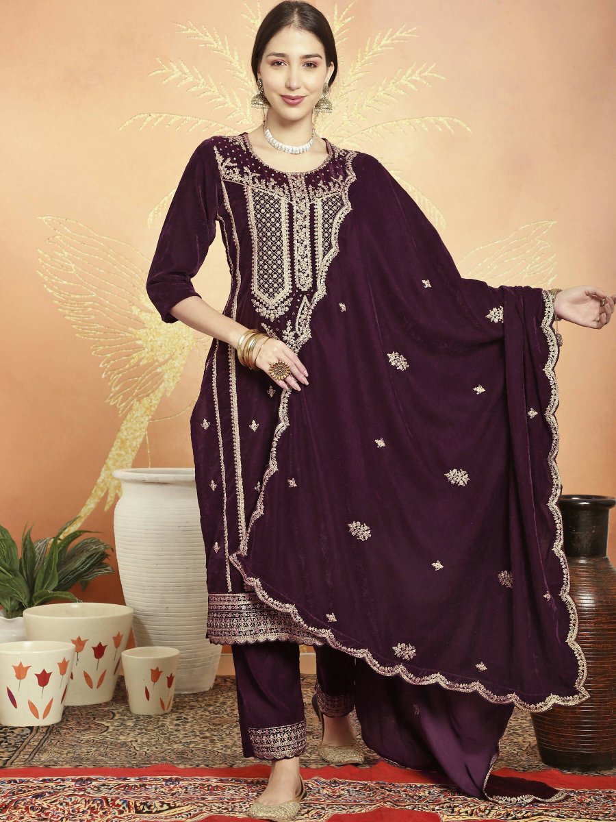 Aastha Fashion Women's Wine Velvet Cording with Resham Thread & Sequin Kurta with Trouser & Dupatta - Distacart