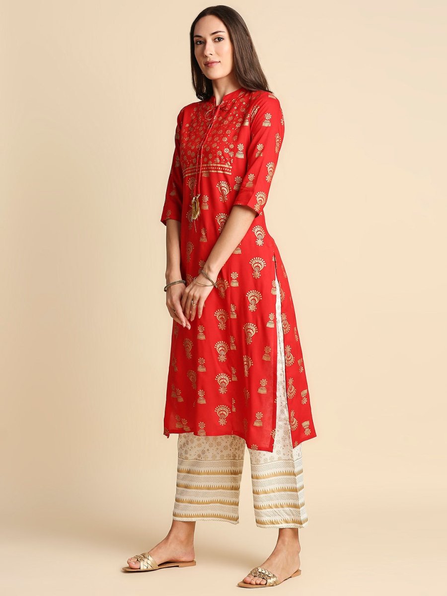 Anubhutee Tie-Neck Ethnic Foil Print Kurta Set - Distacart