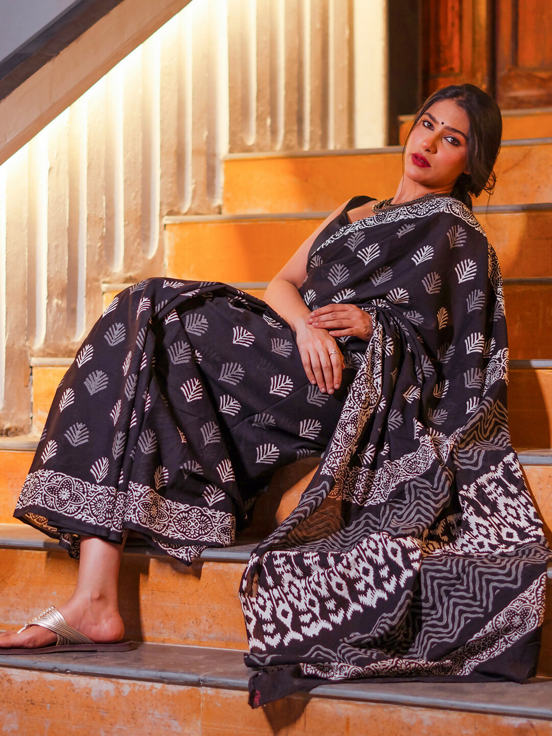 Zibaa Hand-Blocked Pure Mul Cotton Black Saree