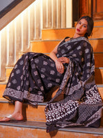 Thumbnail for Zibaa Hand-Blocked Pure Mul Cotton Black Saree