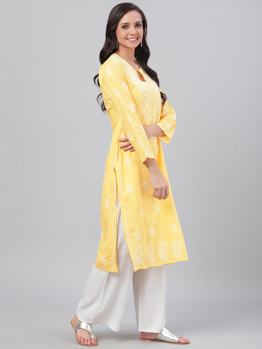 ADA Women Yellow & White Chikankari Hand-Embroidered Straight Kurta - Distacart