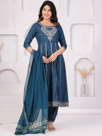 Thumbnail for Women Ethnic Motifs Printed Panelled Thread Work Kurta With Trousers & Dupatta (Blue) - Rasiya