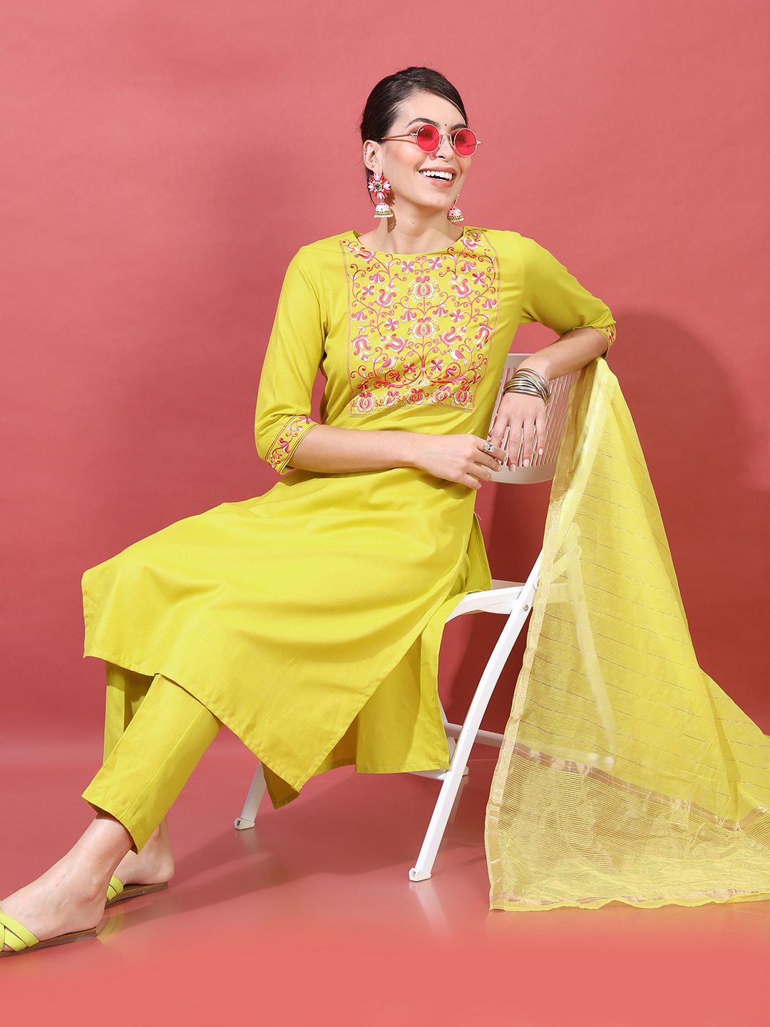 Vishudh Women Lime Green Floral Yoke Design Thread Work Kurta with Trousers & With Dupatta