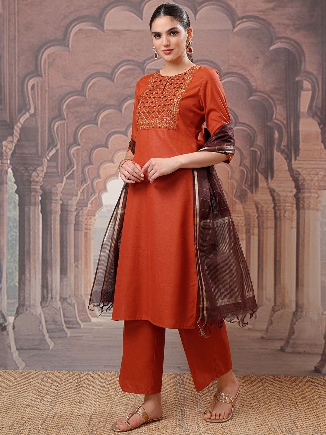 Vishudh Embroidered Regular Thread Work Kurta with Palazzo & Dupatta